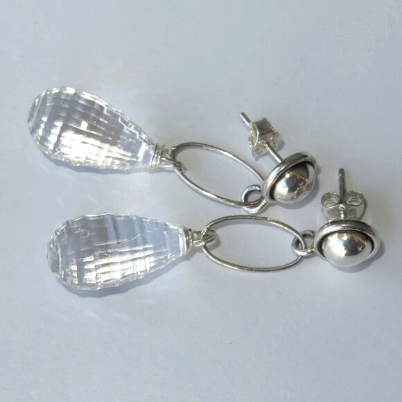 Natural Rock Crystal - Genuine Quartz Laser Cut Sterling Silver Dangle Earrings - Picture 1 of 13
